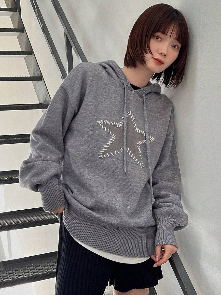 FRIFUL 拼接五角星印花連帽毛衣 - 灰色 - 查看 1
