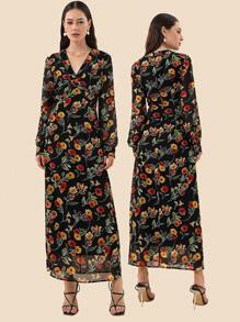 SHEIN Privé 花卉印花雪紡V領長袖女裝連衣裙 - 彩色 - 查看 1