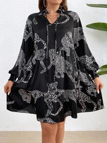 SHEIN Franclia 大尺碼豹紋領結燈籠袖裙 - 彩色 - 查看 1