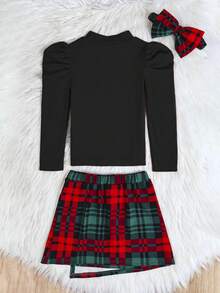 SHEIN 女孩聖誕派對長袖格紋裙連髮箍 - 黑色 - 查看 2