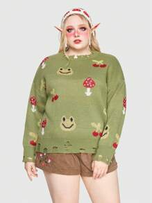ROMWE Fairycore Women's Plus Size Frog & Mushroom Pattern Drop Shoulder Sweater - Green - View 2