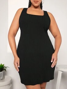 SHEIN CURVE+ 大尺碼方領無袖連衣裙 - 黑色 - 查看 2