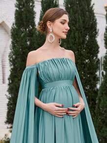 Faeriesty Dressalisa Maternity Ruffled Off Shoulder Long Evening Gown - Teal Blue - View 5