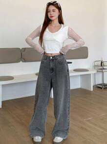 DAZY 水洗阔腿牛仔裤、宽松牛仔裤、返校服 - 淺灰色 - 查看 5