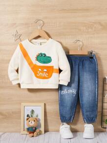 SHEIN 男婴卡通恐龙图案圆领落肩卫衣和牛仔效果松紧腰裤套装 - 彩色 - 查看 3