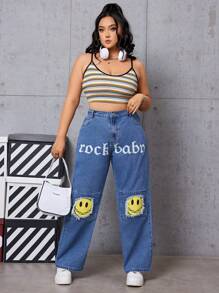 SHEIN EZwear 字母和臉部印花加磨損邊的大碼牛仔褲 - 中等水洗藍 - 查看 4