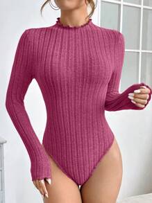 SHEIN PETITE 純色肋針針織休閒t恤連體衣 - 玫紅色 - 查看 1