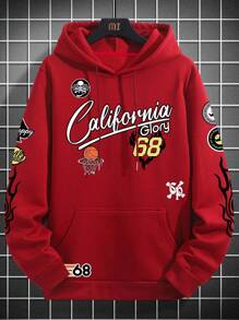 Manfinity LEGND 男士字母图案口袋抽绳宽松连帽衫，长袖，男友礼物，适合秋季 - 紅色 - 查看 2