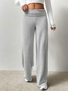 SHEIN Unity 女款純色羅紋翻折腰長褲 - 灰色 - 查看 5