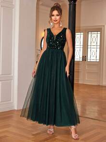 Joyfunear Women's Sparkling Contrast Mesh Flare Dress Summer Vacation Elegant - Dark Green - View 4