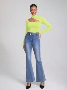 NEW FEMME Turtle Neck Longsleeve Bodysuit With Cut Out - Green - View 6