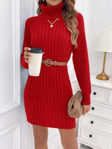SHEIN Privé Casual Ladies' Ribbed Knit High Neck Sweater Dress - Red - View 1