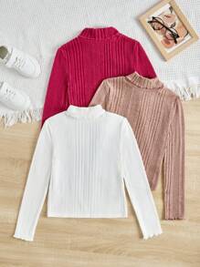 三入組青少女高領長袖條紋T卹 - 玫紅色 - 查看 2