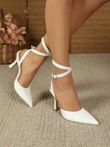 時尚白色漆皮壓花材質、邊扣和扭曲設計尖頭細高跟鞋,適合女士,四季皆宜 - 白色 - 查看 4