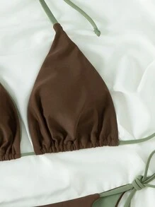 SHEIN Swim 女士吊带两件套比基尼套装音乐节夏季海滩 - 咖啡棕 - 查看 3
