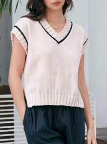 Anewsta 女士彩色條紋毛線背心 - 粉色 - 查看 4