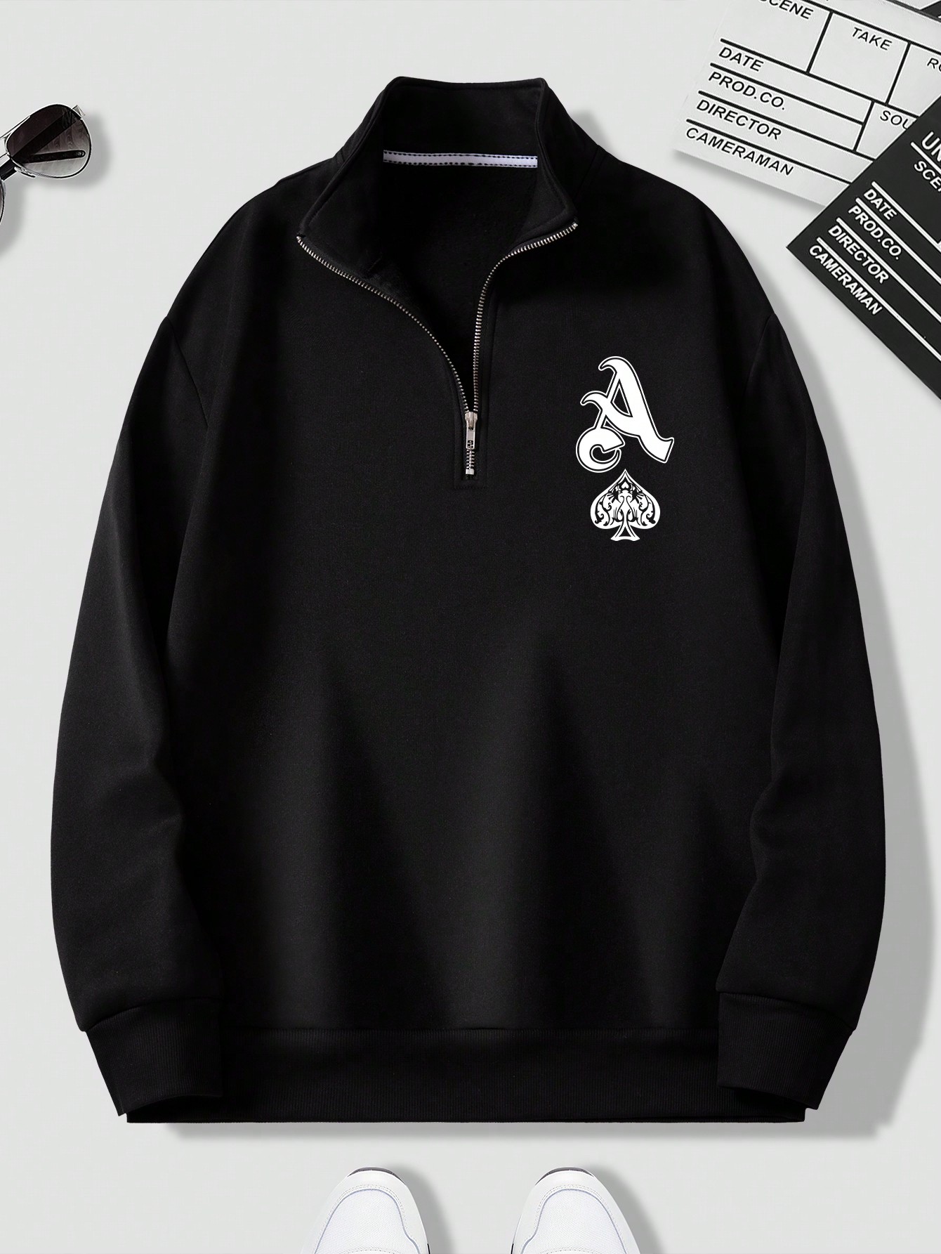 Manfinity Dauomo Men's Zipper Half Placket Sweatshirt With Poker Print