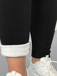 SHEIN EZwear 大码纯色保暖内衬紧身裤 - 黑色 - 查看 7