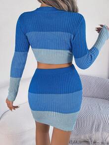 Contrast Color Long-Sleeved Crop Top Bodycon Skirt Sweater Set - Blue - View 2