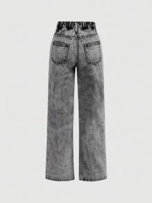 SHEIN Girlism Teen Girl Ripped Straight Leg Jeans - Light Grey - View 2