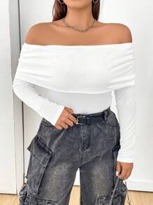 Flirla Plus Size Women's Solid Color Off Shoulder Top - White - View 6