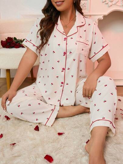 Plus Size Ditsy Floral Print Contrast Piping Short-Sleeved Shirt And Trousers Pajama Set