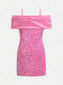 SHEIN Girls' Beaded Spaghetti Strap Elegant Dress, Sibling Outfits Matching Outfits (2 Pieces Are Sold Separately) - Pink - View 11