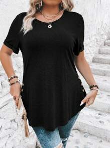 SHEIN Clasi Plus Size Solid Color Button Detail Curved Hem T-Shirt - Black - View 3