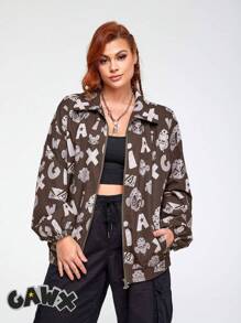 GAWX Talla grande Cazadora con estampado de dibujos animados y letra de hombros caídos - Marrón - Ver 1