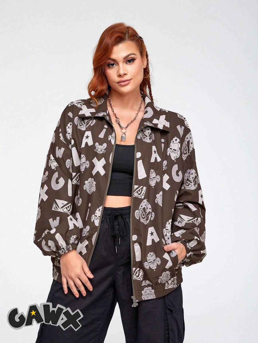 GAWX Talla grande Cazadora con estampado de dibujos animados y letra de hombros caídos - Marrón - Ver 1