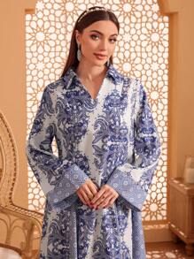 Al Najma 全印花长袖阿拉伯喇叭裙，端庄大方 - 彩色 - 查看 4