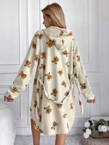 RueChic Women's Hooded Belted Home Wear Robe With Teddy Bear Print - Multicolor - View 2