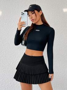 SHEIN EZwear Double Layered Pleated Skirt For Women - Black - View 6