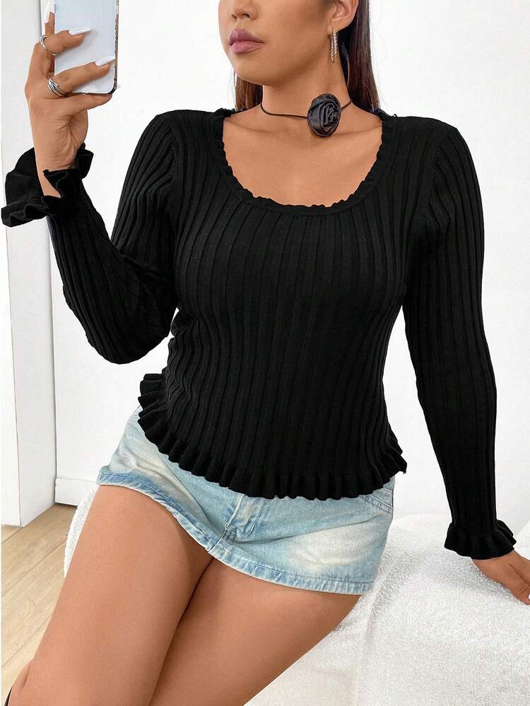 Plus Size Solid Color Bell Sleeve Sweater Knit Pullover Fall Winter Sweater
