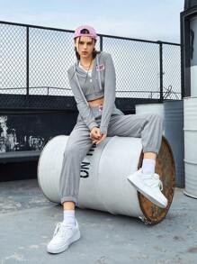 SHEIN Sports Women's Spring & Summer Hooded Drawstring Crop Top Hoodie And Sweatpants Sportswear Set Grey Teen Girls Setsretro Outfit For Women
