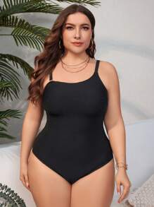 SHEIN Swim Curve 大尺碼女式連身吊帶泳衣 - 黑色 - 查看 3