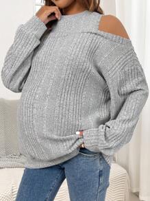 SHEIN 孕妇露肩罗纹运动衫，适合冬季 - 灰色 - 查看 5