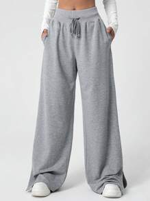 Muchica Women's Solid Color Drawstring Waist Wide Leg Split Pants - Grey - View 1
