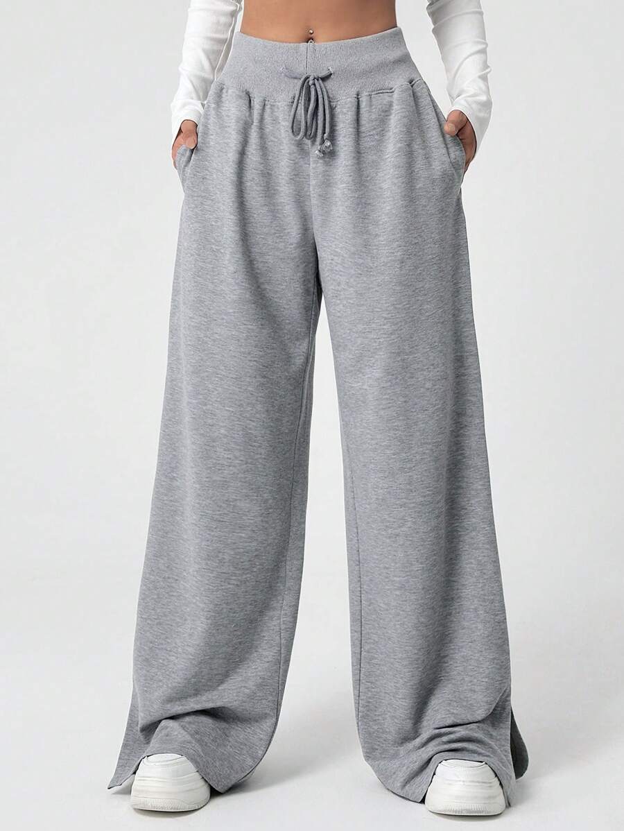 Muchica Women's Solid Color Drawstring Waist Wide Leg Split Pants - Grey - View 1