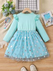 SHEIN 年轻女孩字母印花网眼拼接短袖连衣裙 - 淺藍色 - 查看 2