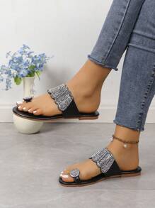 波西米亞閃亮鑲鑽腳趾環大尺寸平底沙灘羅馬風格拖鞋,女士夏季戶外穿著 - 黑色 - 查看 3