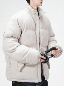 Men Plus New Male Suede Jacket Loose Fit Letter Print Padded Coat - Khaki - View 6