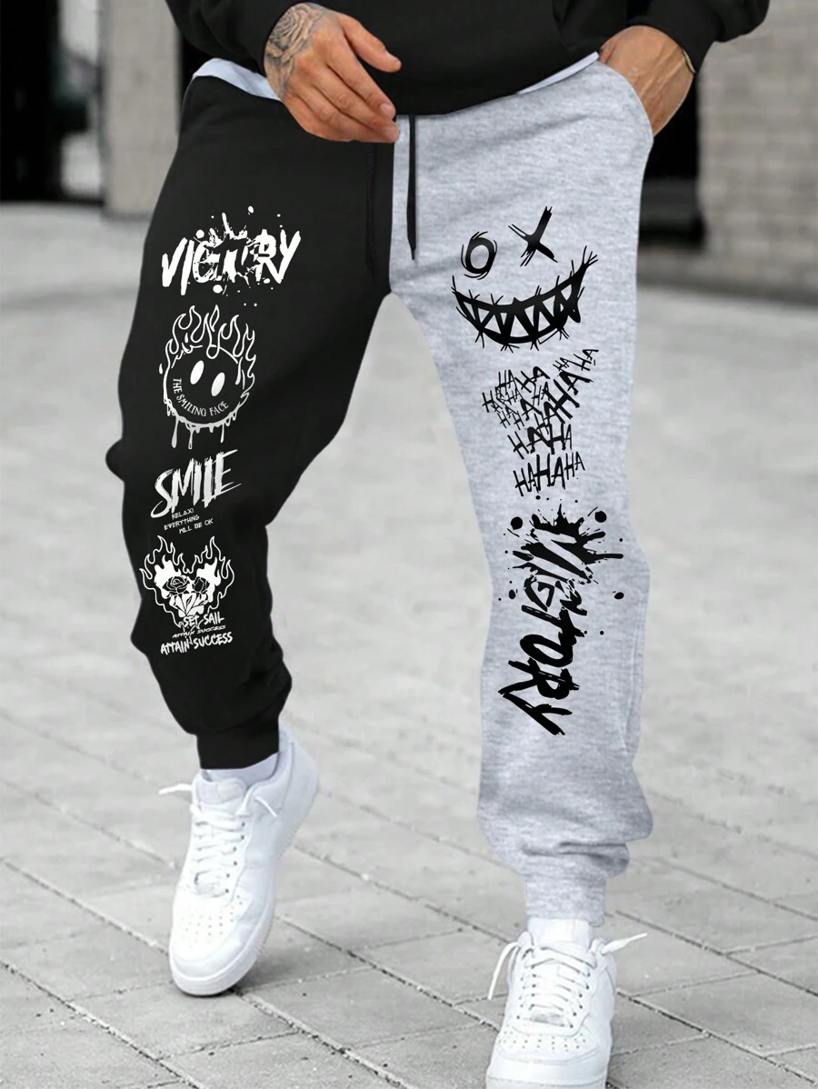 Manfinity LEGND Men's Sweatpants With Letter Emoticon And Color Block, Goth Sweatpants, For Rave - Multicolor - View 1