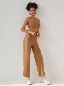Queen Is The Title Designer Solid Ribbed Knit Tube Top & Wide Leg Pants, Fall Women Co-Ords, For Autumn, Holiday, Winter, Vacation - Camel - View 5