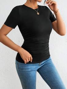 SHEIN Essnce 女款圓領短袖t恤 - 黑色 - 查看 4