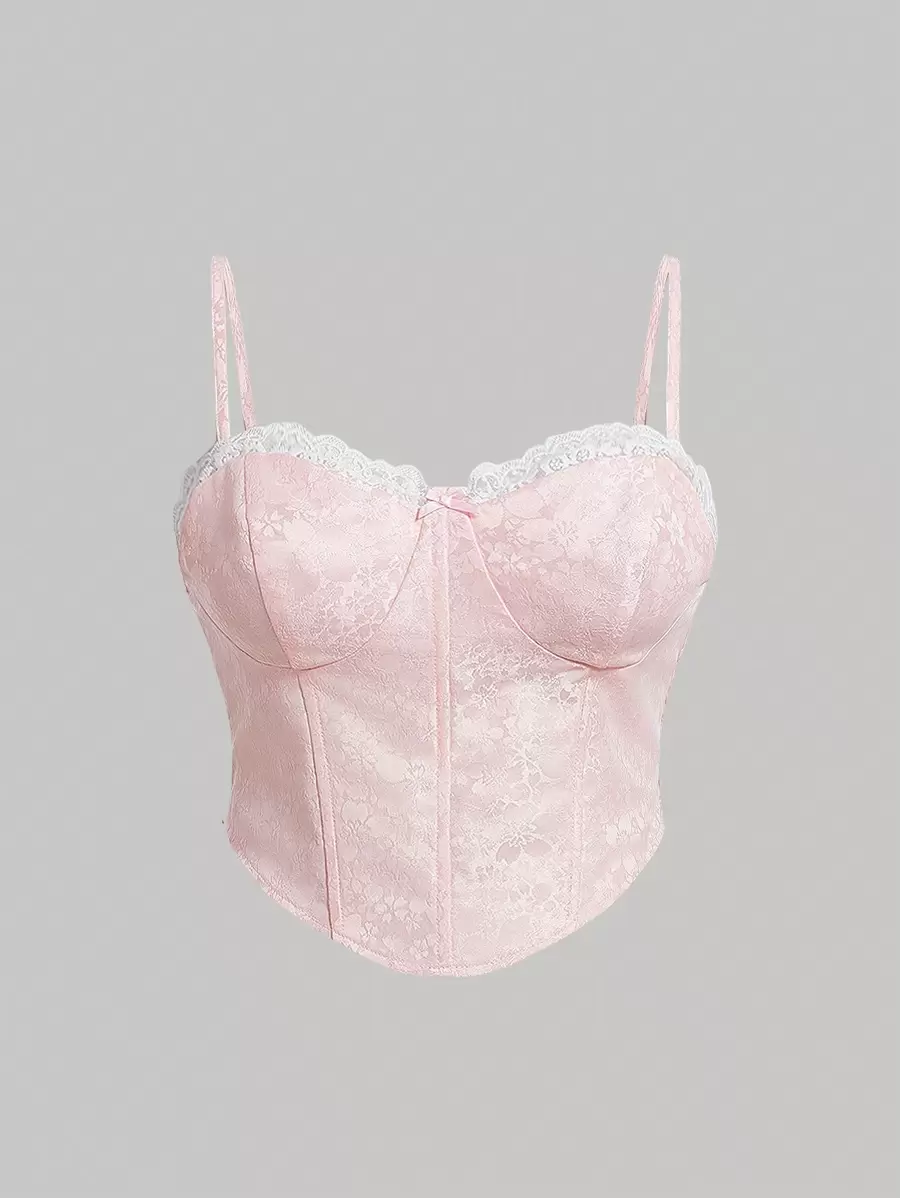 SHEIN MOD Áo hai dây phối ren cỡ lớn có cấu trúc corset - Hồng - Xem 1
