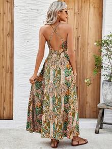 SHEIN LUNE All-Over Printed Backless Spaghetti Strap Dress - Multicolor - View 2