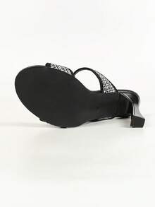 女士時尚高跟涼鞋,黑白編織面料,雙帶和腳趾帶設計,圓頭,細高跟,極簡風拖鞋 - 黑與白 - 查看 3