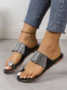 波西米亞閃亮鑲鑽腳趾環大尺寸平底沙灘羅馬風格拖鞋,女士夏季戶外穿著 - 黑色 - 查看 1