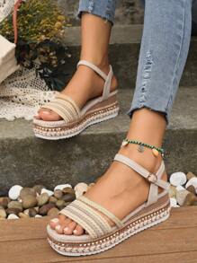 全新金色編織女式坡跟厚底鞋,適合休閒度假裝 - 卡其色 - 查看 3